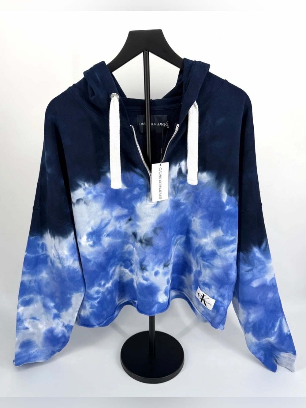Calvin Klein Jeans Hoodie Women XL Blue Tie Dye Cropped Pullover Zip Neck NWT - Picture 2 of 13